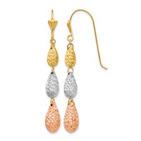 14K Tri-color Puffed Diamond-cut Teardrops Dangle French Hook Earrings view 1