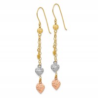14K Tri-color Diamond-cut Puffed Heart and Chain Dangle French Hook Earrings view 2