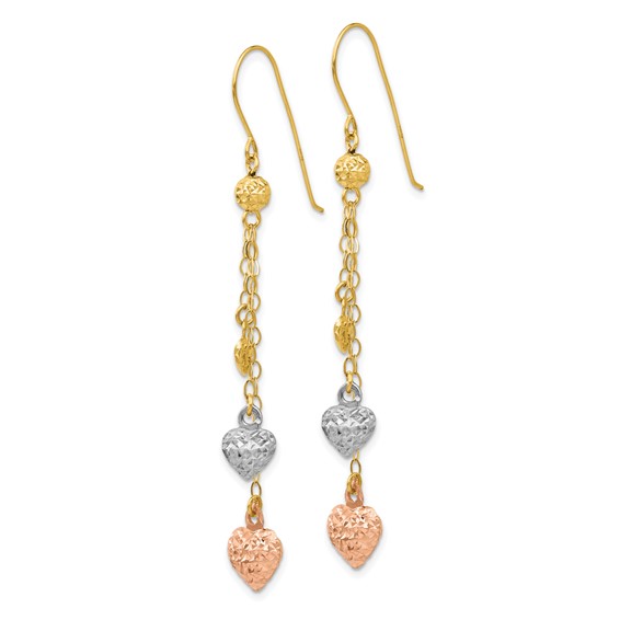 14k Tri-color Diamond-cut Puffed Heart and Chain Dangle French Hook Earrings