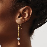 14K Tri-color Diamond-cut Puffed Heart and Chain Dangle French Hook Earrings view 3