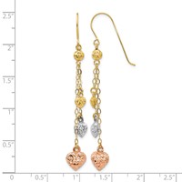 14K Tri-color Diamond-cut Puffed Heart and Chain Dangle French Hook Earrings view 4