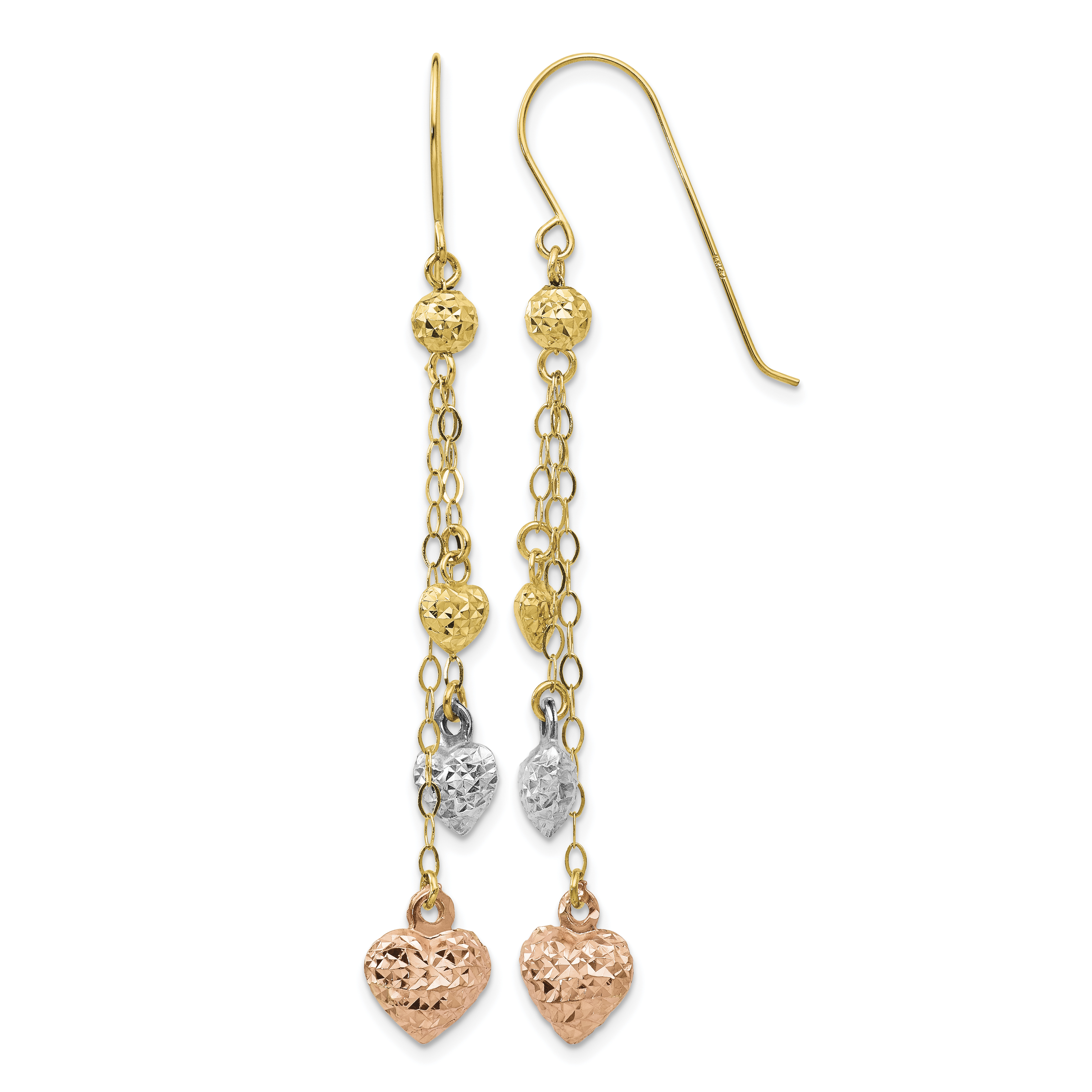 14k Tri-color Puff Heart Dangle Earrings (TL481)