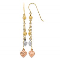 14K Tri-color Diamond-cut Puffed Heart and Chain Dangle French Hook Earrings view 1