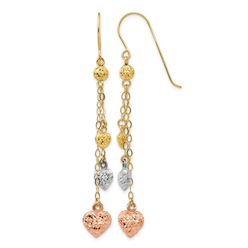 14K Tri-color Diamond-cut Puffed Heart and Chain Dangle French Hook Earrings