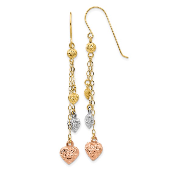 14k Tri-color Diamond-cut Puffed Heart and Chain Dangle French Hook Earrings