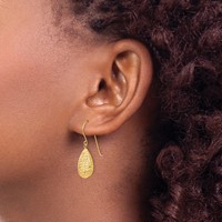 14K Yellow Gold Textured Puffed Teardrop Dangle French Hook Earrings view 3