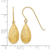 14K Yellow Gold Textured Puffed Teardrop Dangle French Hook Earrings view 4