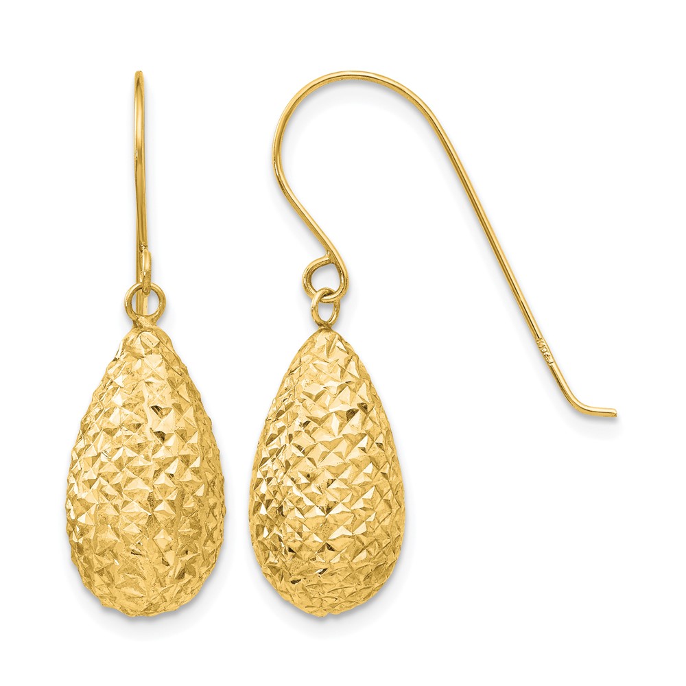 14K Yellow Gold Textured Puffed Teardrop Dangle French Hook Earrings
