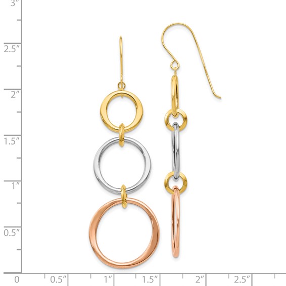 14k Tri-color Triple Graduated Circle Dangle French Hook Earrings