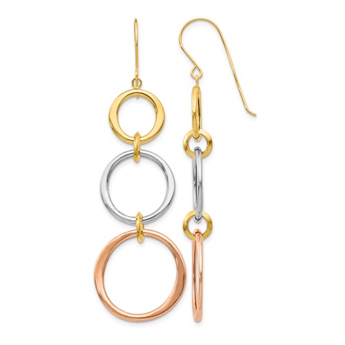 14K Tri-color Triple Graduated Circle Dangle French Hook Earrings