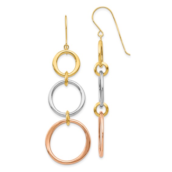 14k Tri-color Triple Graduated Circle Dangle French Hook Earrings