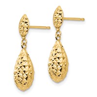 14K Yellow Gold Diamond-cut Puffed Teardrop Dangle Post Earrings view 2