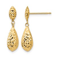 14K Yellow Gold Diamond-cut Puffed Teardrop Dangle Post Earrings view 1