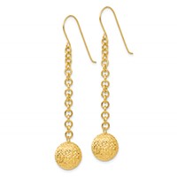 14K Yellow Gold Diamond-cut 10mm Hollow Bead and Chain Dangle French Hook Earrings view 2