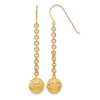 14K Yellow Gold Diamond-cut 10mm Hollow Bead and Chain Dangle French Hook Earrings view 1