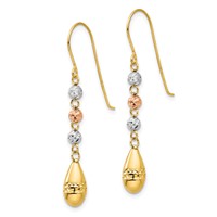 14K Tri-color Diamond-cut Puffed Teardrop Beaded Dangle French Hook Earrings view 2