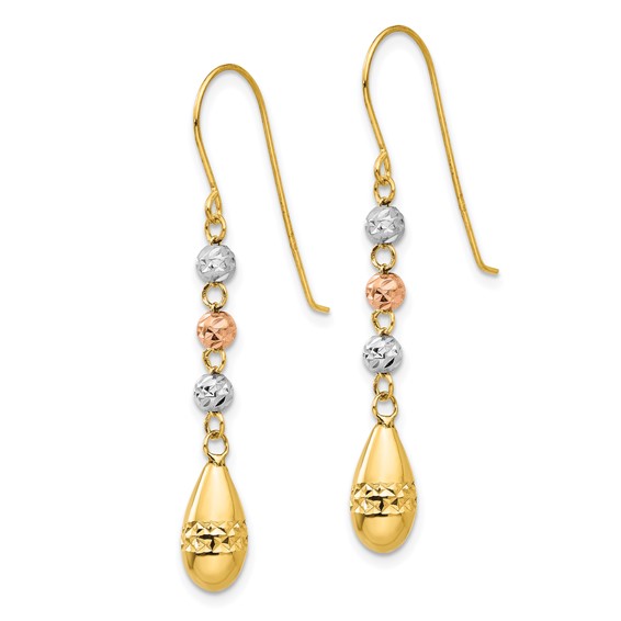 14k Tri-color Diamond-cut Puffed Teardrop Beaded Dangle French Hook Earrings