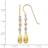 14K Tri-color Diamond-cut Puffed Teardrop Beaded Dangle French Hook Earrings view 4