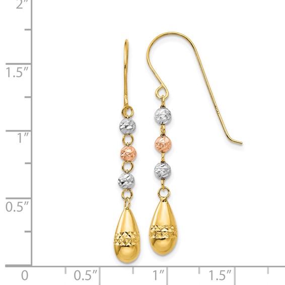 14k Tri-color Diamond-cut Puffed Teardrop Beaded Dangle French Hook Earrings