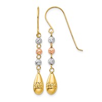 14K Tri-color Diamond-cut Puffed Teardrop Beaded Dangle French Hook Earrings view 1