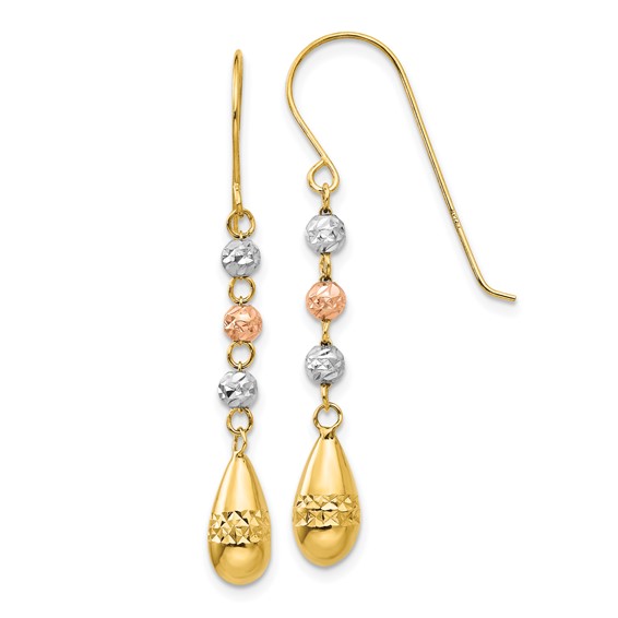 14k Tri-color Diamond-cut Puffed Teardrop Beaded Dangle French Hook Earrings