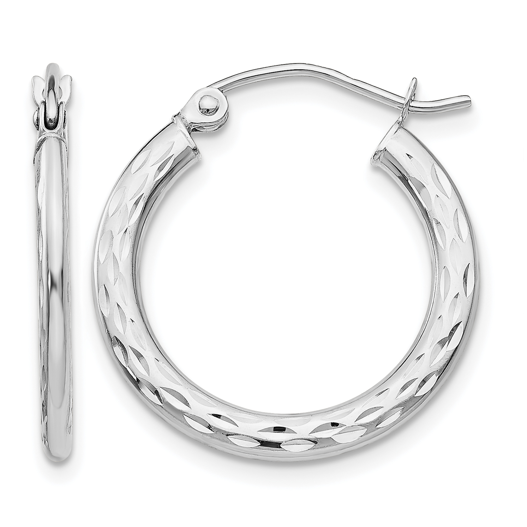 14K White Gold Diamond-cut 2.5x20mm Hollow Hoop Earrings (TL587)