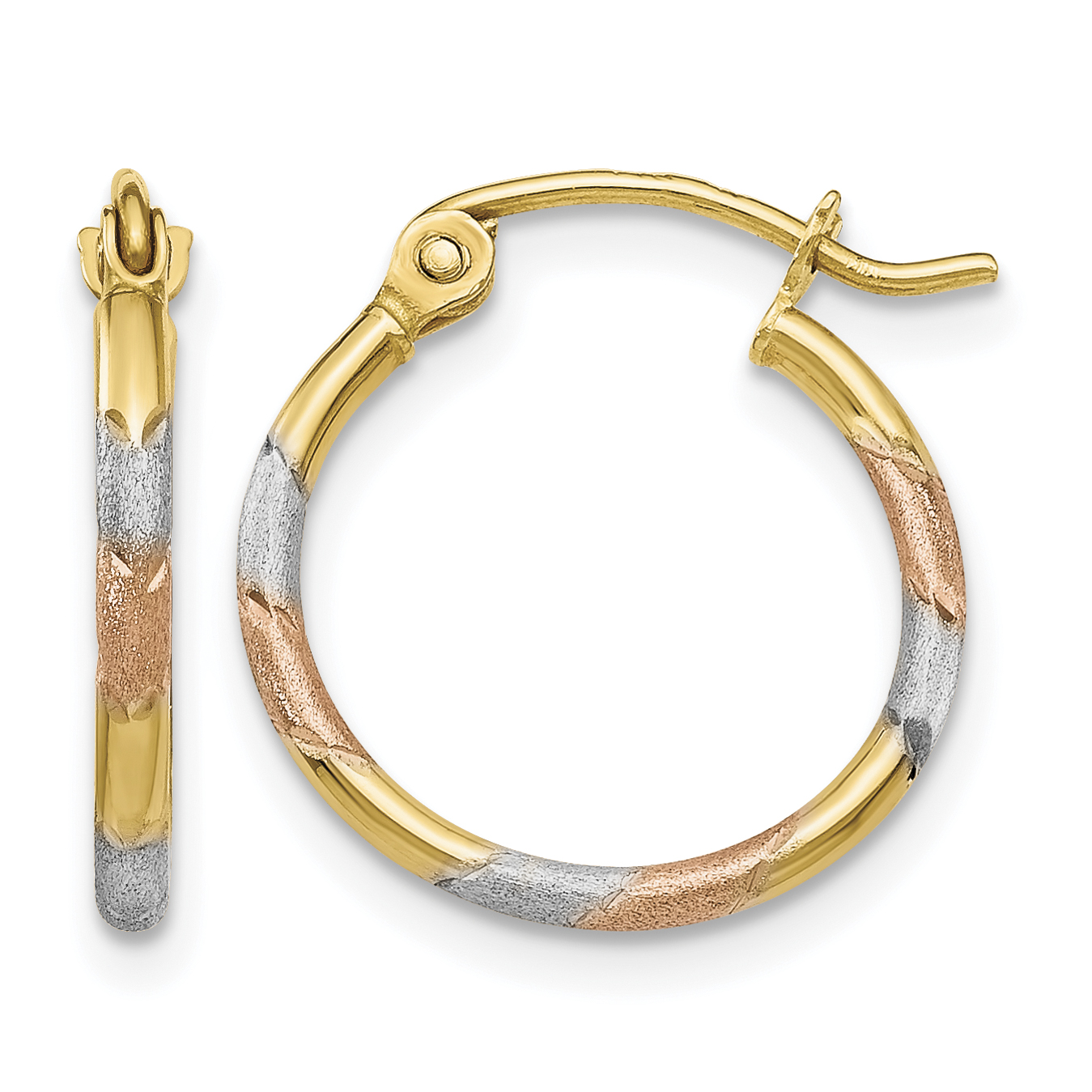 14K w/White and Rose Rhodium 1.5mm Satin & D/C Hoop Earrings (TL640)