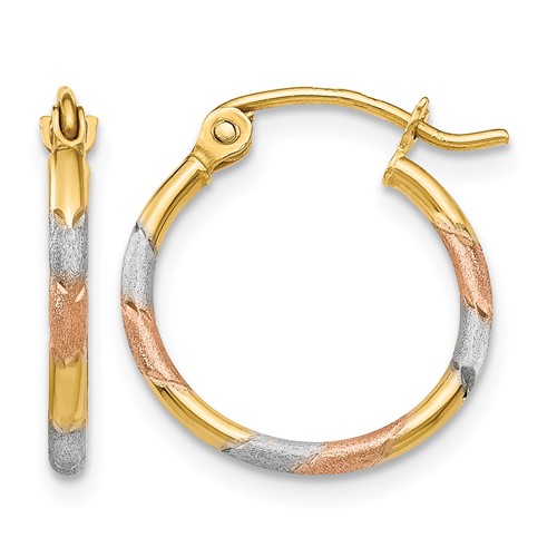 14K Earrings with White and Rose Rhodium 1.5mm Satin & D C Hoop