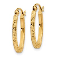 14K Yellow Gold Diamond Cut Oval Hollow Hoop Earrings view 2