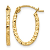 14K Yellow Gold Diamond Cut Oval Hollow Hoop Earrings view 1