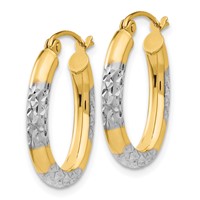 14K & Rhodium 3mm Diamond Cut Oval Hollow Hoop Earrings view 2