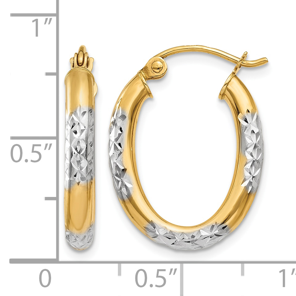 14K & Rhodium 3mm Diamond Cut Oval Hollow Hoop Earrings TL659 ...