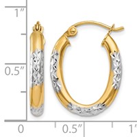 14K & Rhodium 3mm Diamond Cut Oval Hollow Hoop Earrings view 4