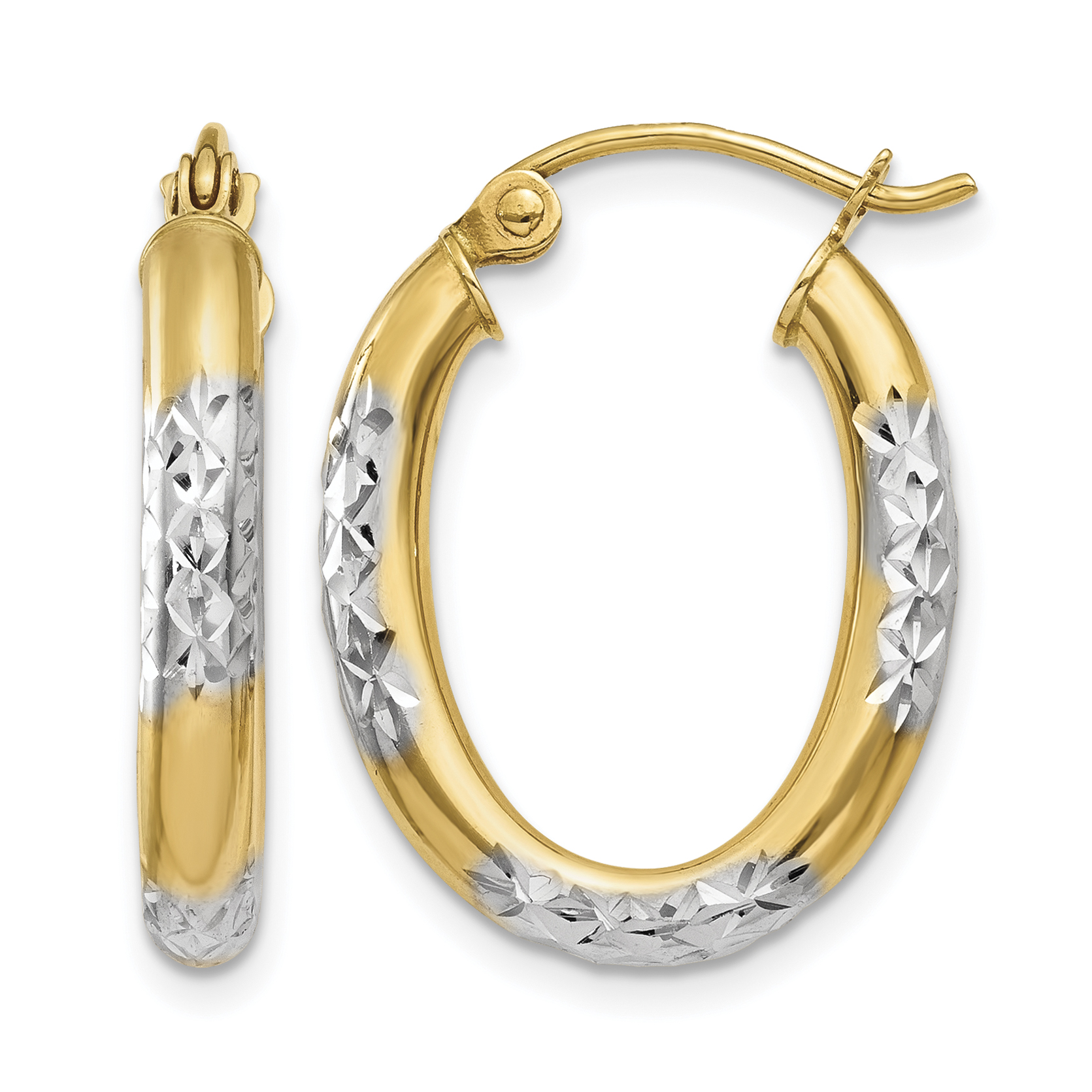 14K & Rhodium 3mm Diamond Cut Oval Hollow Hoop Earrings (TL659)
