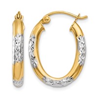 14K & Rhodium 3mm Diamond Cut Oval Hollow Hoop Earrings view 1