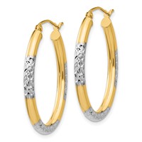 14K Earrings with White Rhodium 3mm Diamond Cut Oval Hollow Hoop view 2