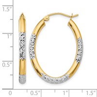 14K Earrings with White Rhodium 3mm Diamond Cut Oval Hollow Hoop view 4