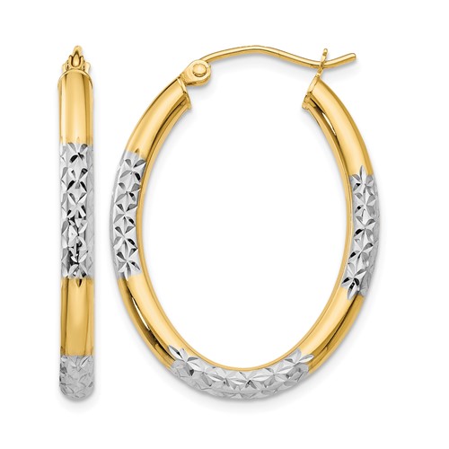 14K Earrings with White Rhodium 3mm Diamond Cut Oval Hollow Hoop