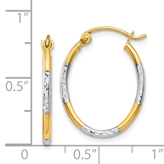 14K w/White Rhodium Diamond Cut Oval Hoop Earrings