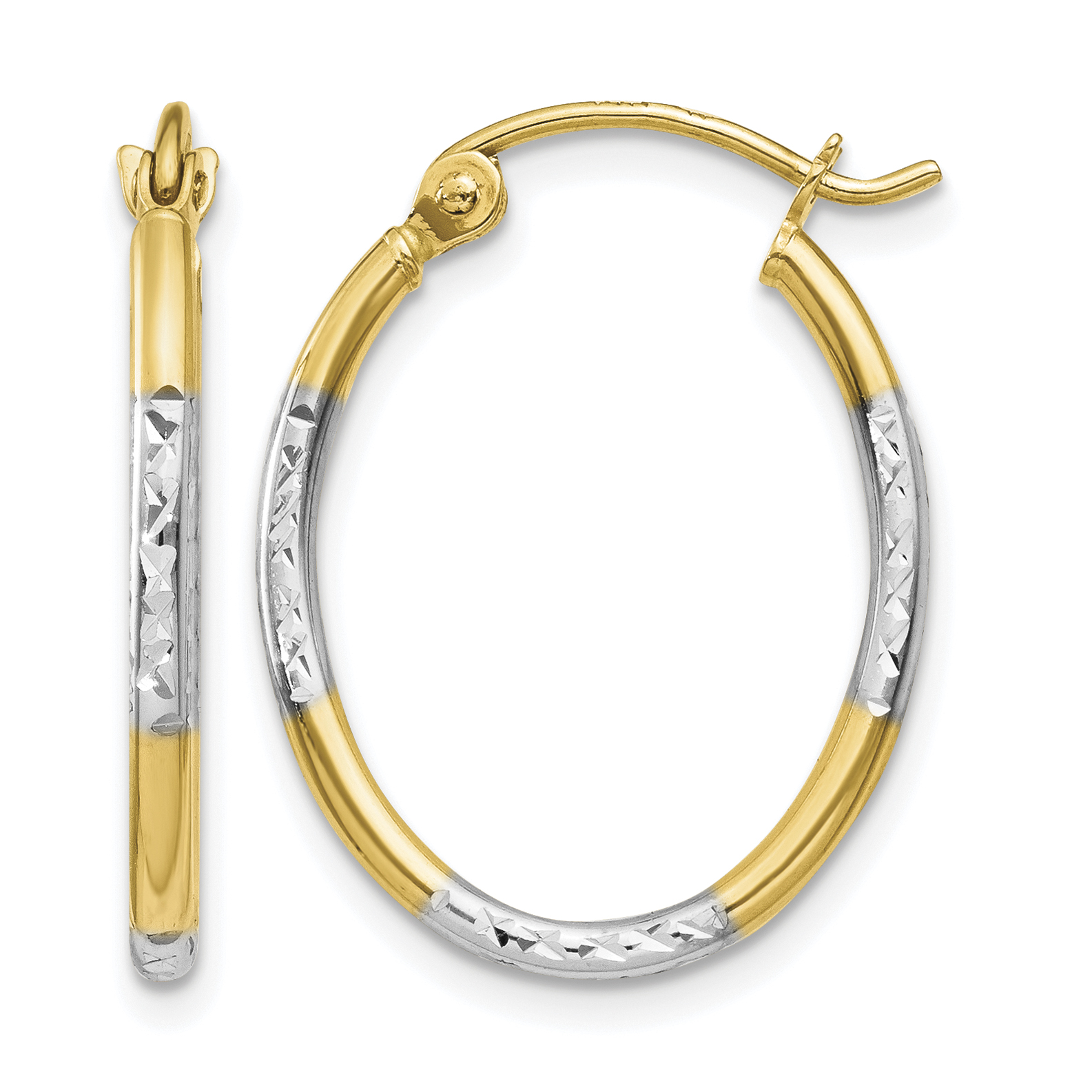 14K w/White Rhodium Diamond Cut Oval Hoop Earrings (TL673)