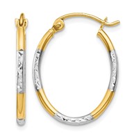 14K Earrings with White Rhodium Diamond Cut Oval Hoop view 1