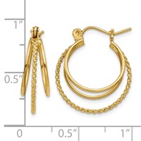 14K Yellow Gold Polished and Textured Circle Hoop Earrings view 4
