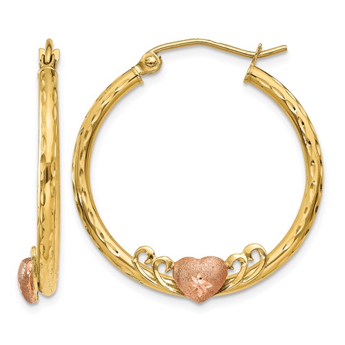 14K & Rose Heart D C Hoop Earrings