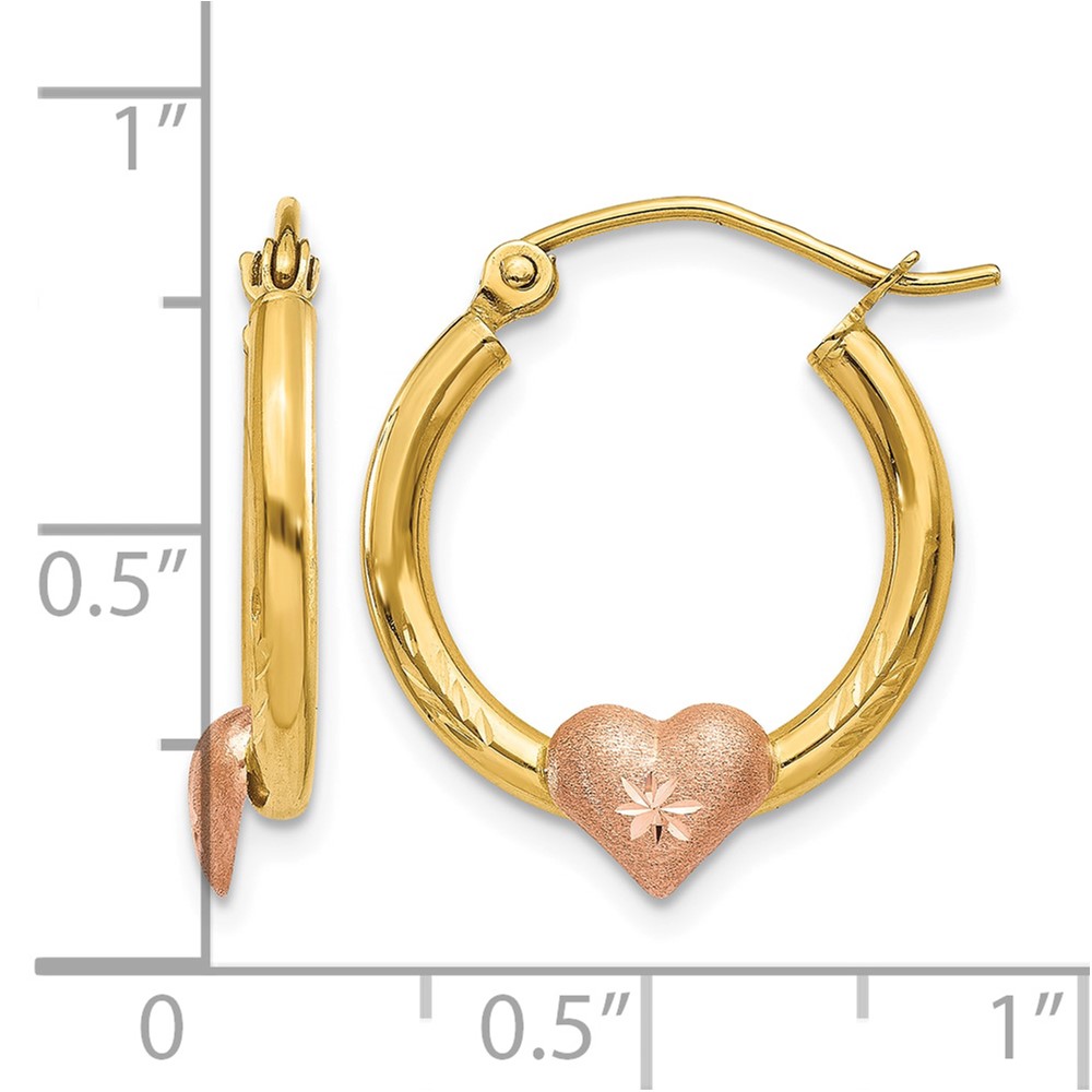 14K Yellow & Rose Gold Heart D/C Hoop Earrings (TL738)