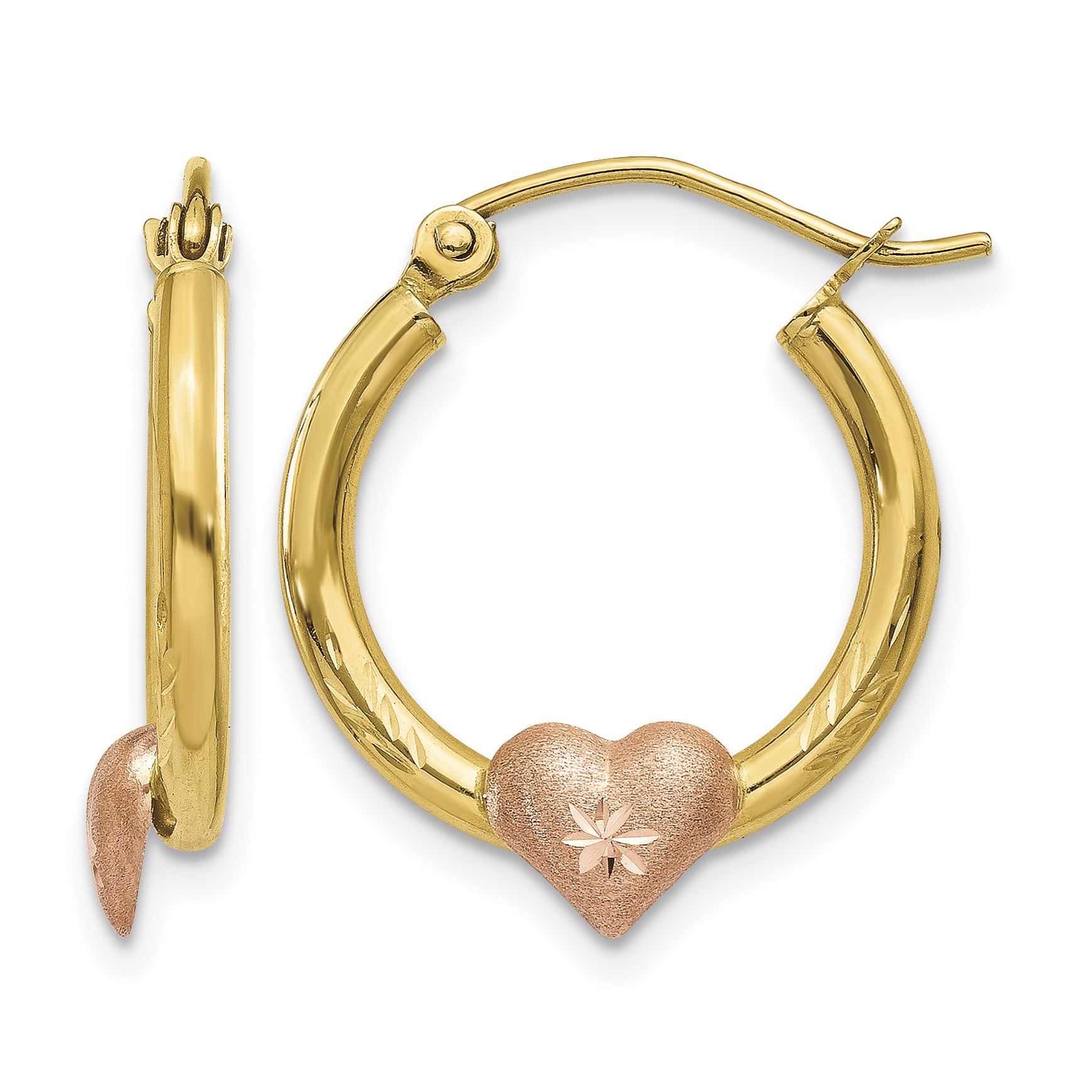 14K Yellow & Rose Gold Heart D/C Hoop Earrings (TL738)