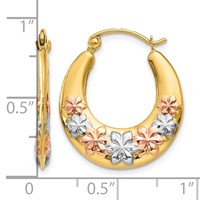 14K & White and Rose Rhodium Hollow Flowers Hoop Earrings view 4