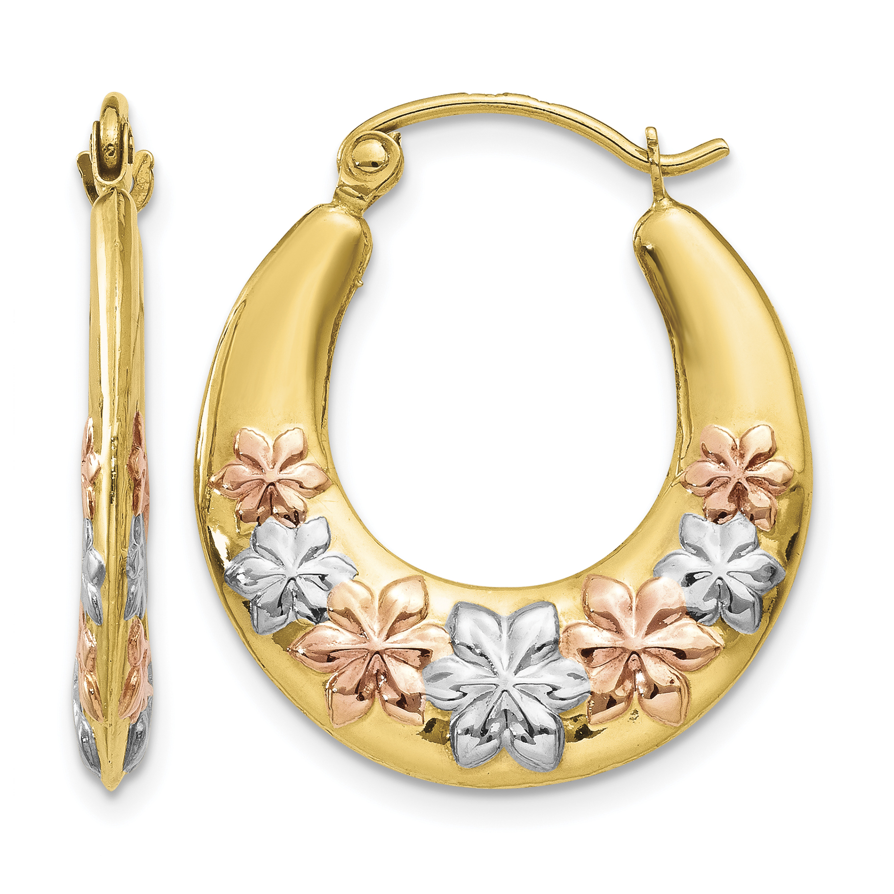 14K & White and Rose Rhodium Hollow Flowers Hoop Earrings (TL742)