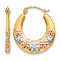 14K & White and Rose Rhodium Hollow Flowers Hoop Earrings view 1