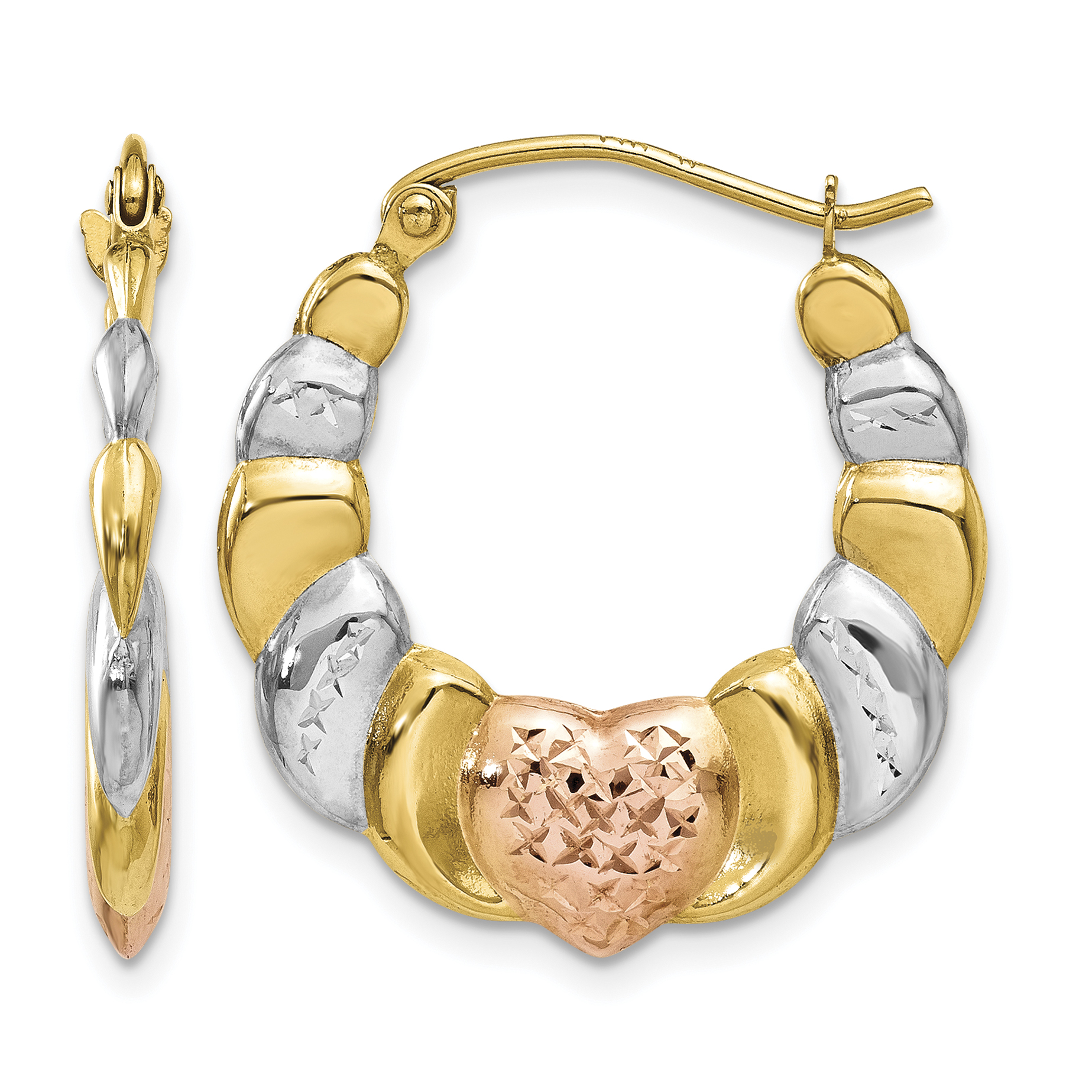 14K & White and Rose Rhodium Scalloped Heart Hoop Earrings (TL743)