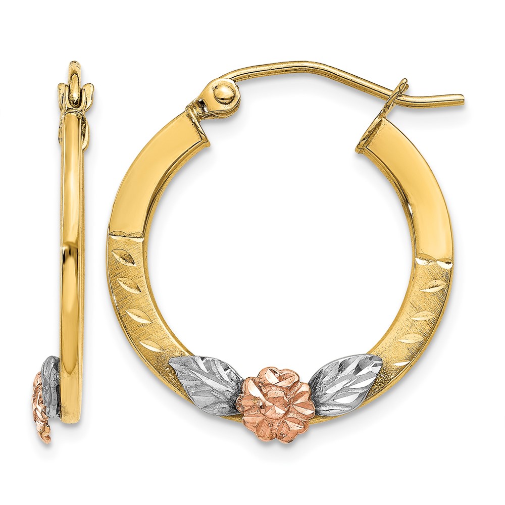 14K Yellow & Rose Gold w/ Rhodium Diamond Cut Flower Hoop Earrings (TL745)